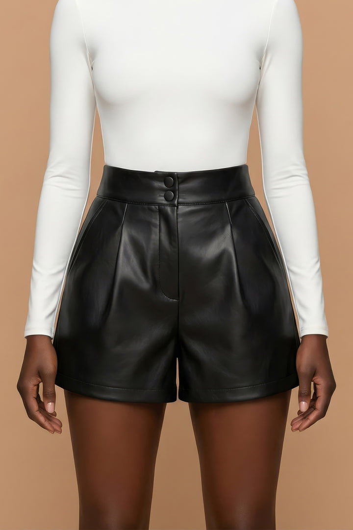 Vittoria Black Faux Leather Pleated Shorts