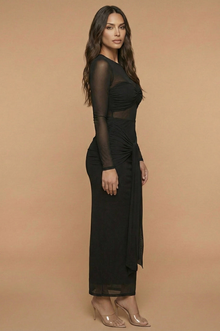 Valentina - Black Mesh Draped Maxi Dress
