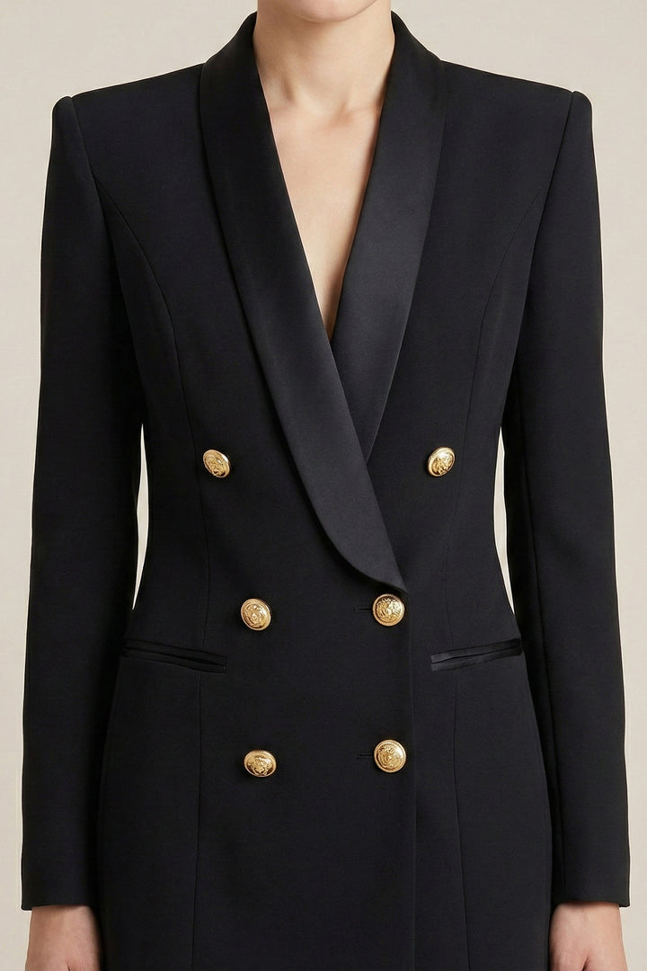 Victory Black Satin-Lapel Tuxedo Mini Dress