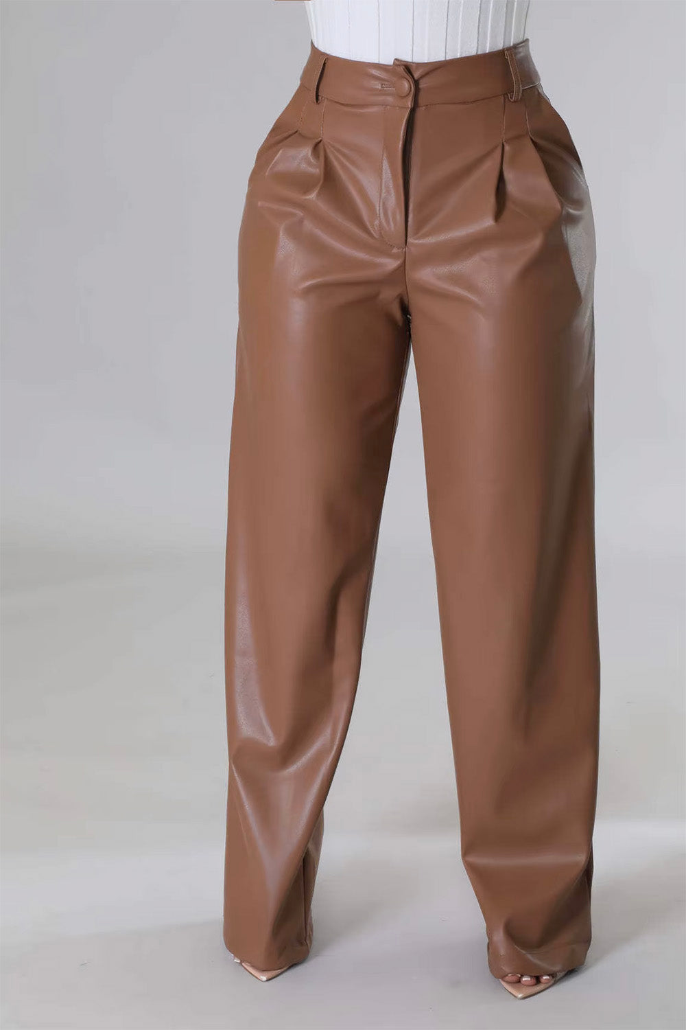 Luxe Relaxed Fit Brown Vegan Leather Trousers