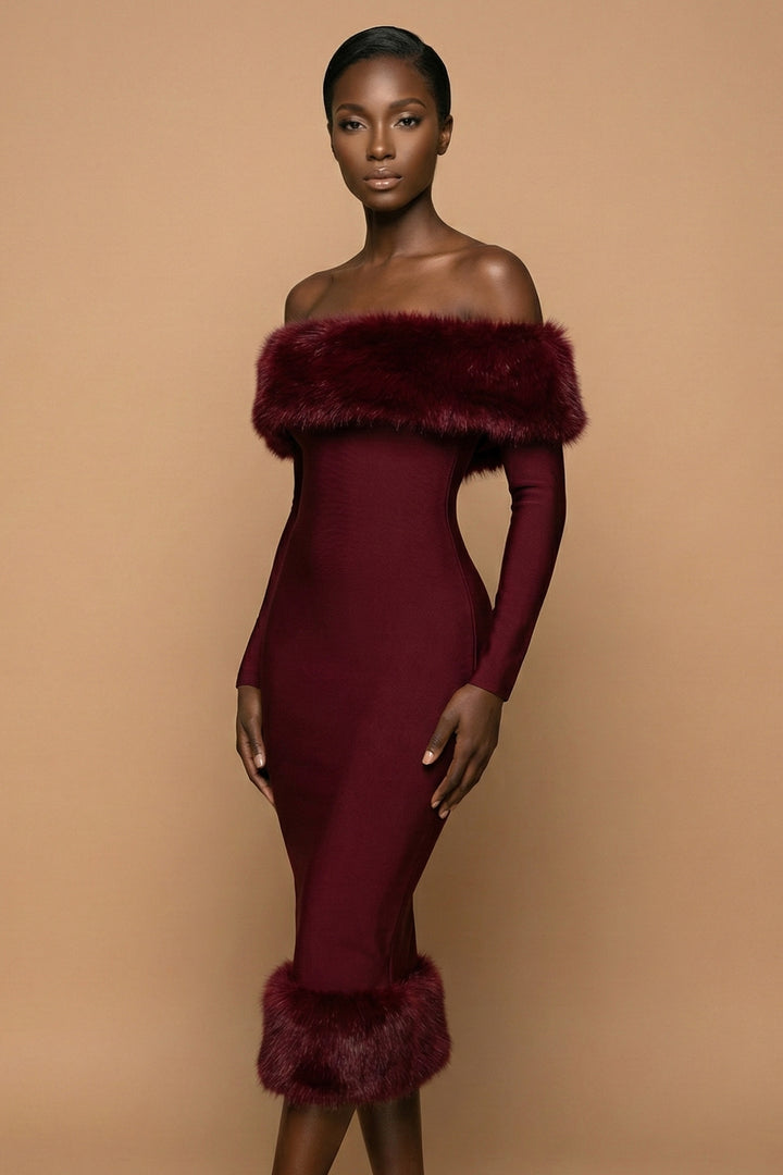 Allura Burgundy Off-Shoulder Fur Trim Midi Dress