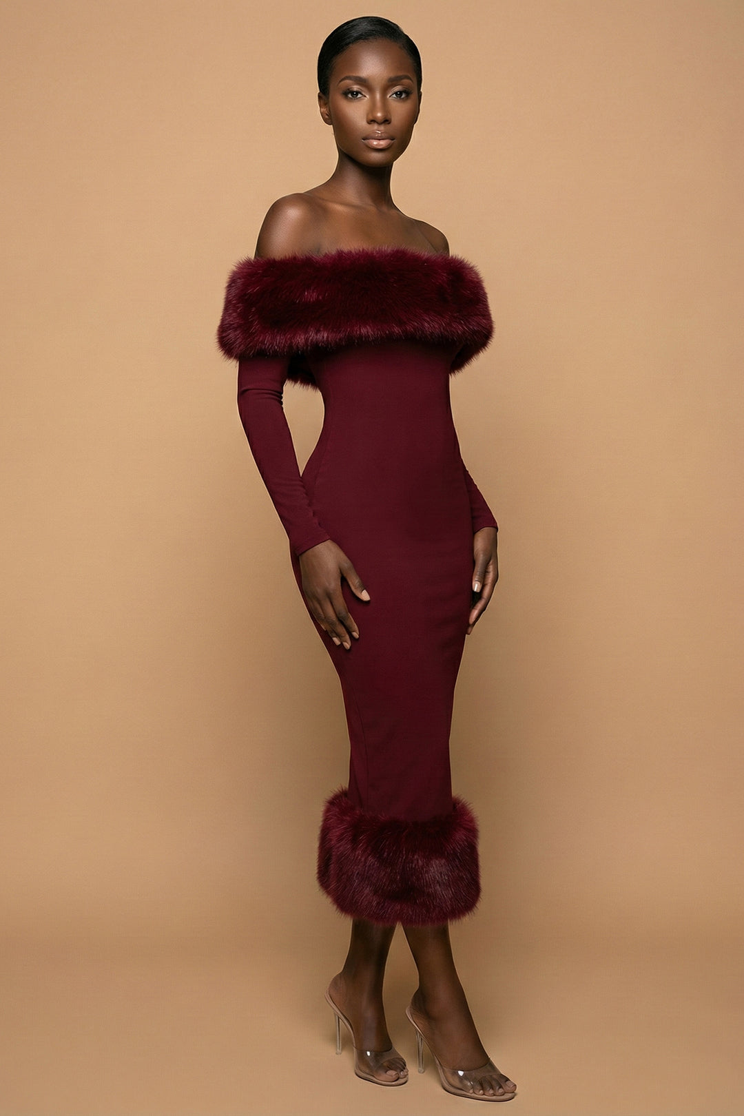 Allura Burgundy Off-Shoulder Fur Trim Midi Dress