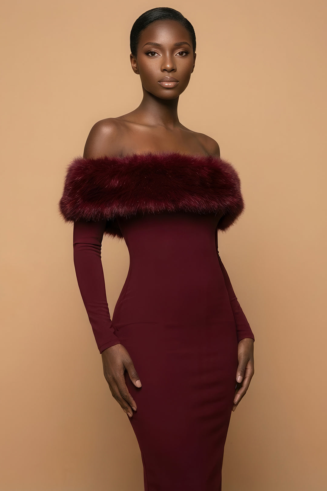Allura Burgundy Off-Shoulder Fur Trim Midi Dress