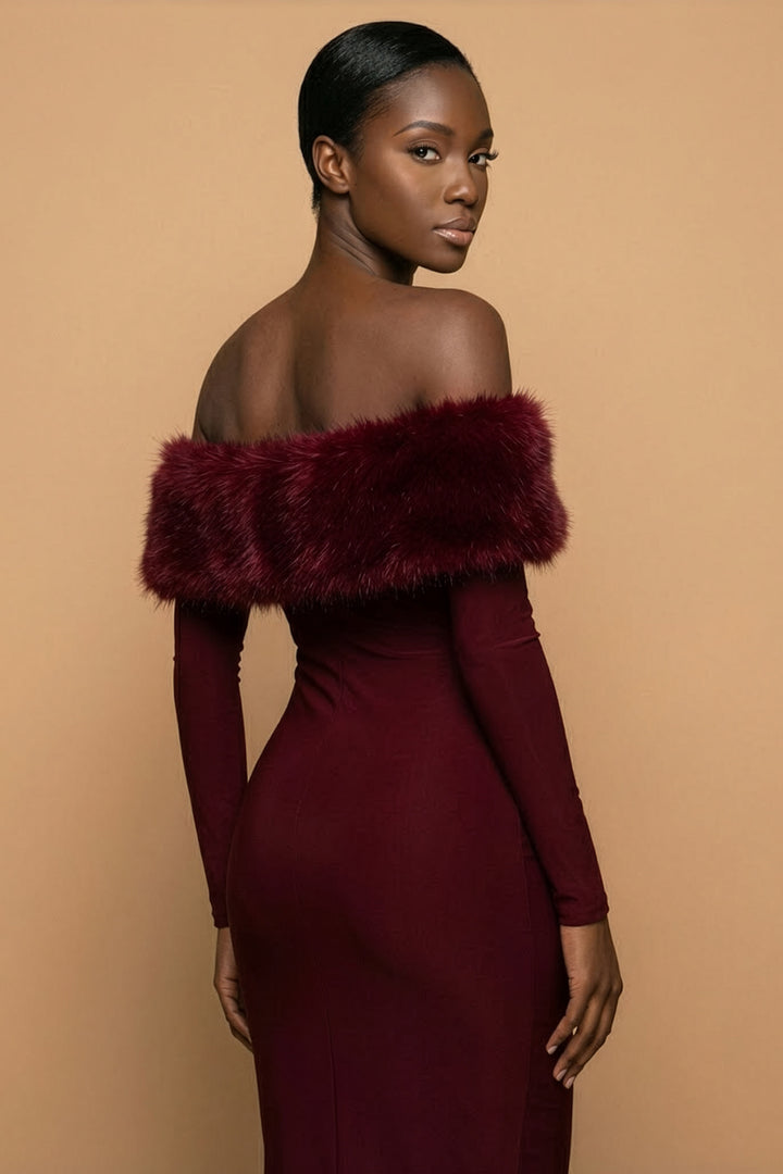 Allura Burgundy Off-Shoulder Fur Trim Midi Dress