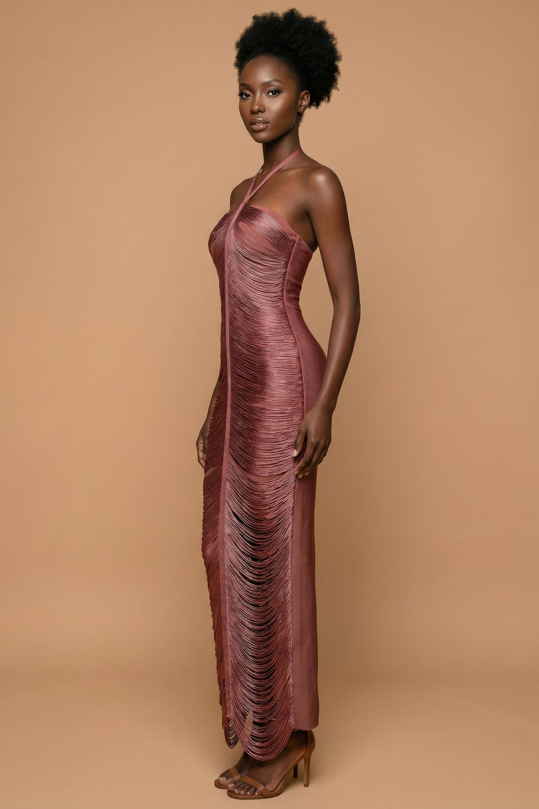 Daisy Deep Wine Luxe Structured Fringe Halter Gown