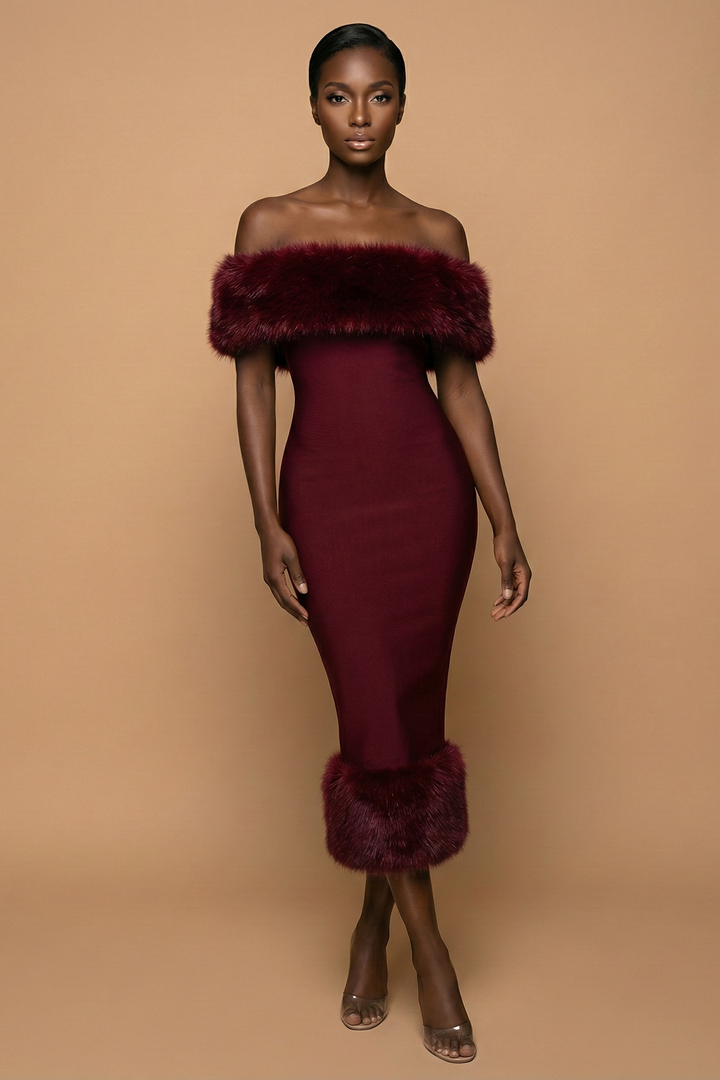 Allura Burgundy Off-Shoulder Fur Trim Midi Dress