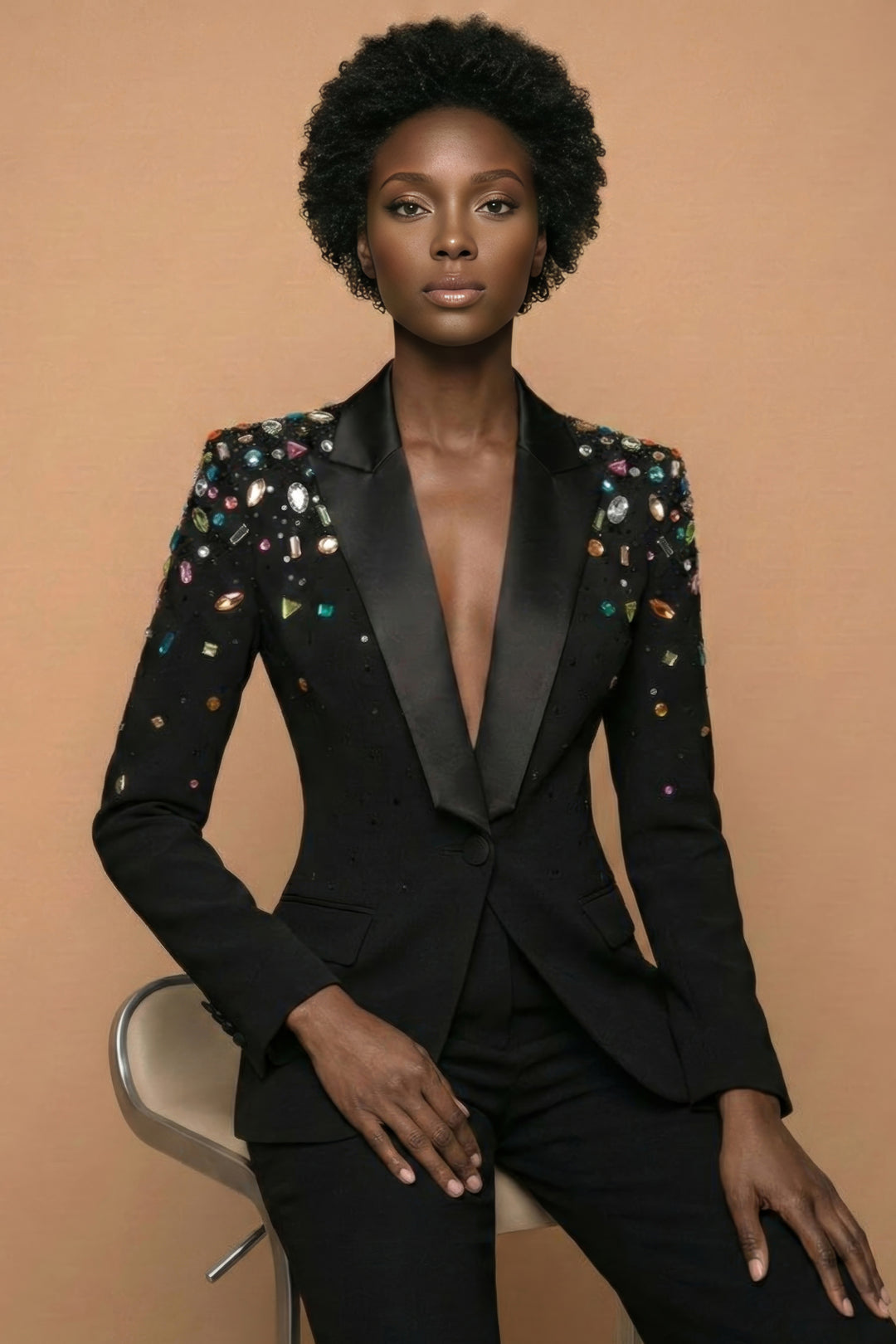 Woman wearing a black tuxedo with colorful embellishments against a beige background