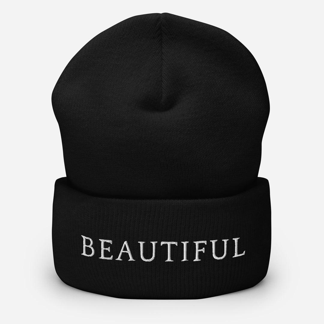 black beautiful beanie with the word beautiful in serif fonts