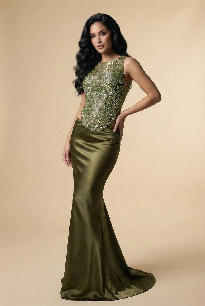 Emerald Allure Structured Fringe Satin Gown