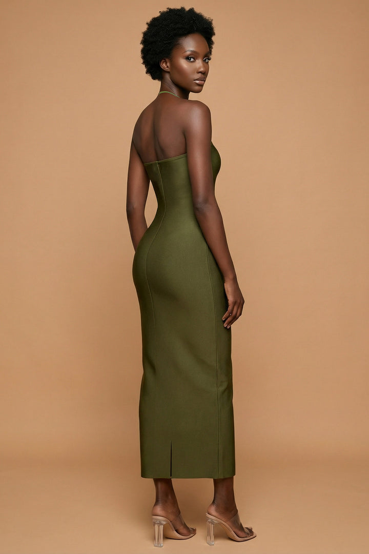 Daisy Emerald Luxe Structured Fringe Halter Gown