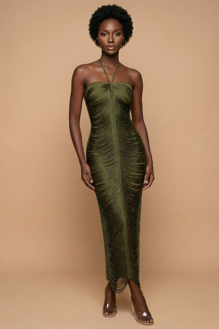 Daisy Emerald Luxe Structured Fringe Halter Gown