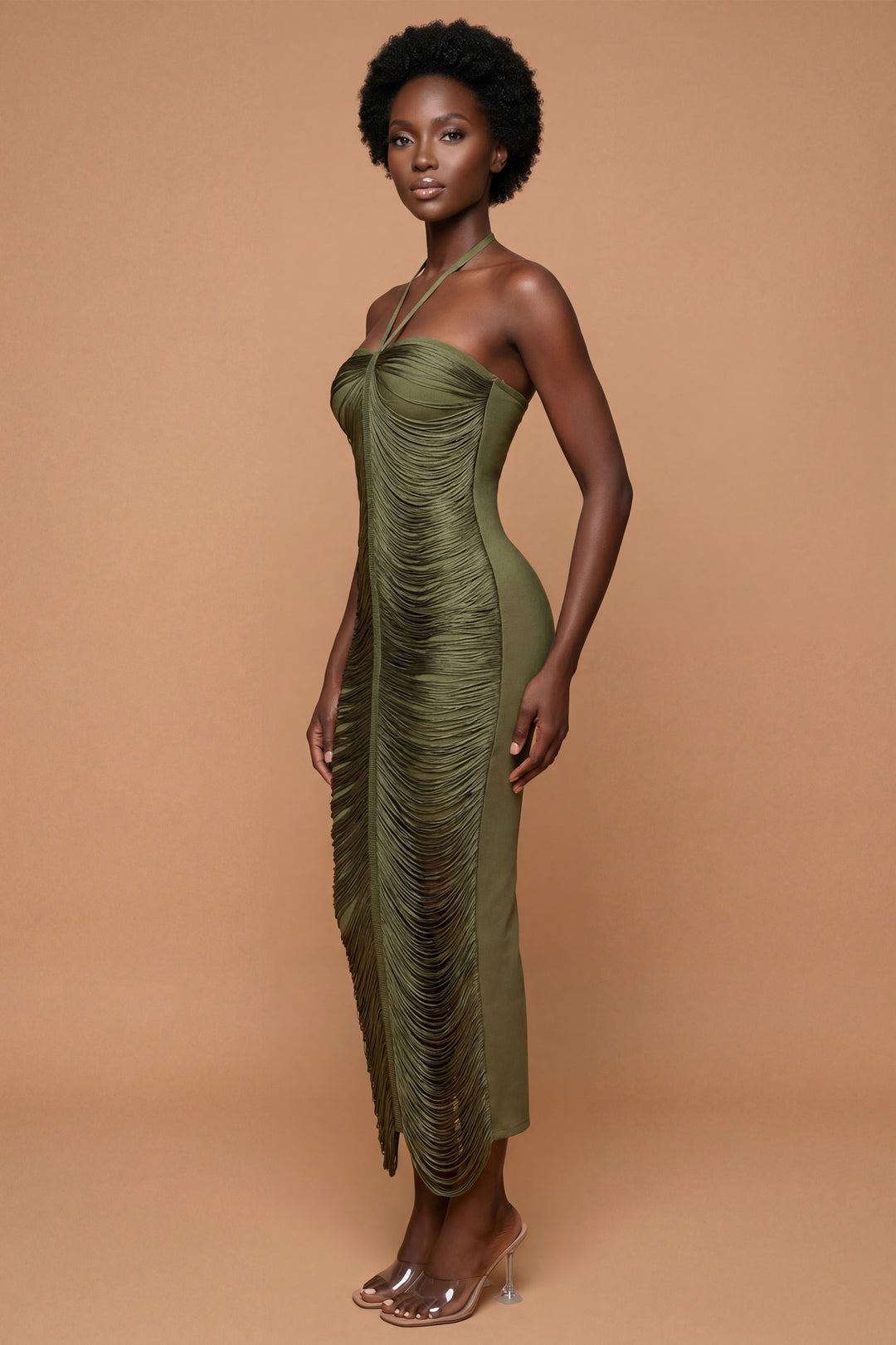 Daisy Emerald Luxe Structured Fringe Halter Gown