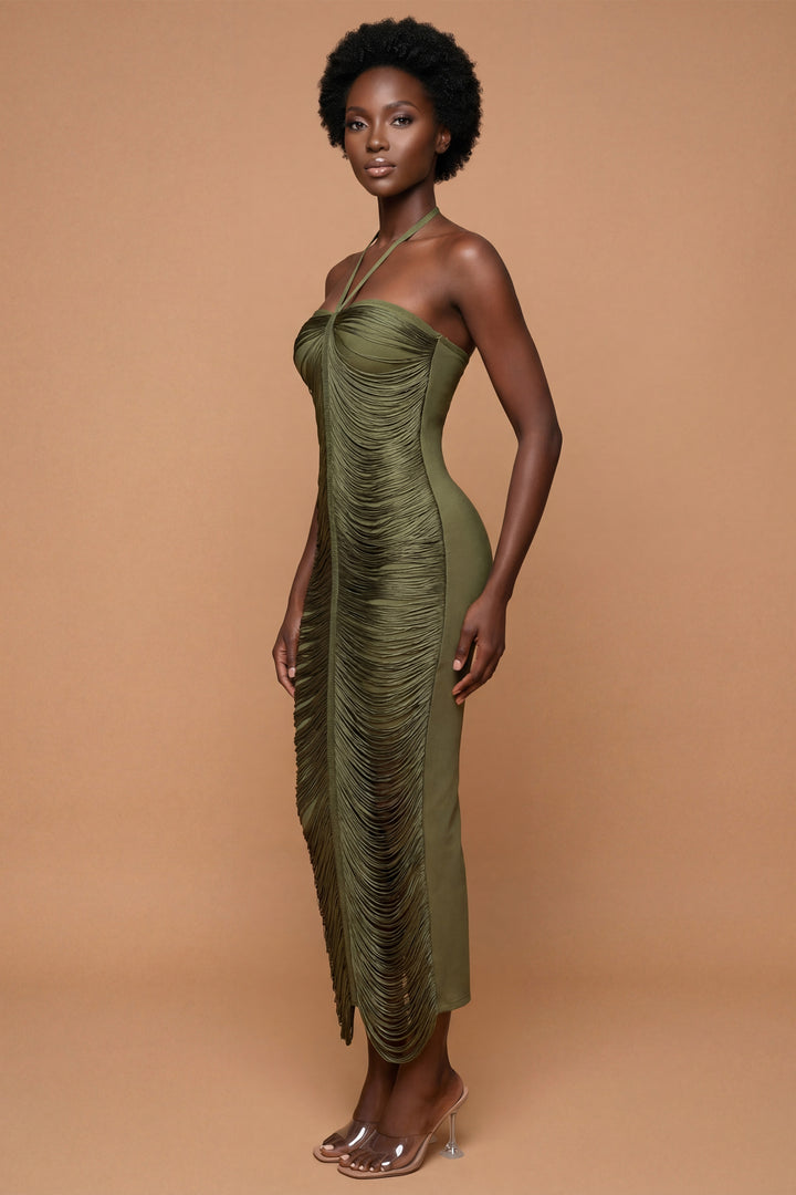 Daisy Emerald Luxe Structured Fringe Halter Gown