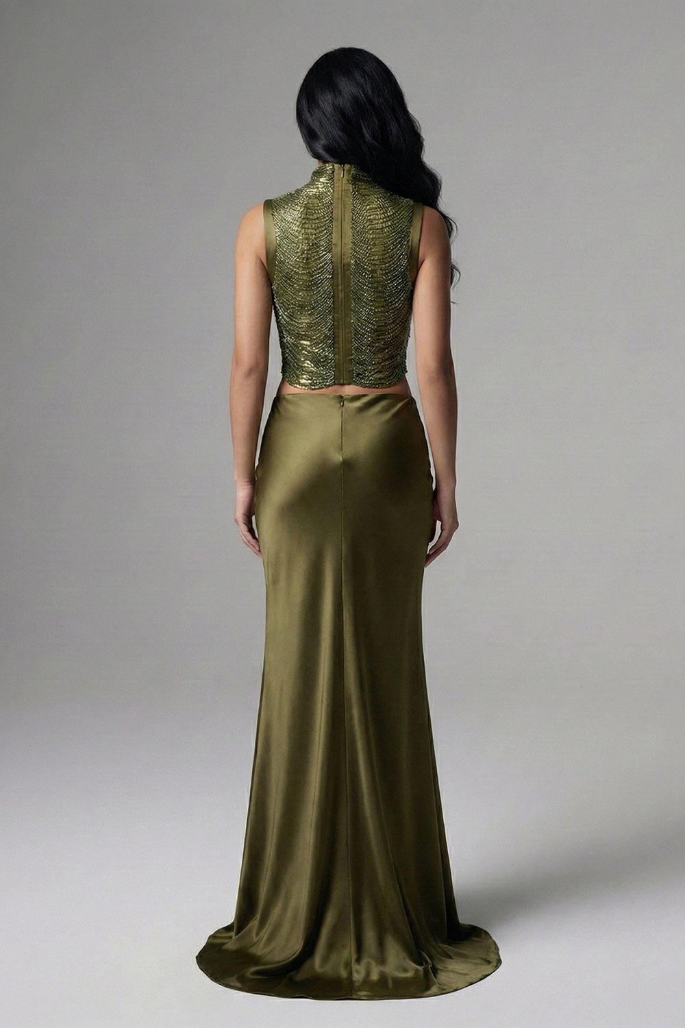 Emerald Allure Structured Fringe Satin Gown