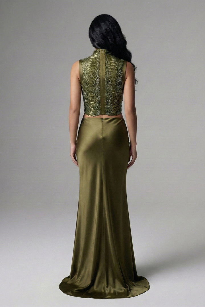 Emerald Allure Structured Fringe Satin Gown