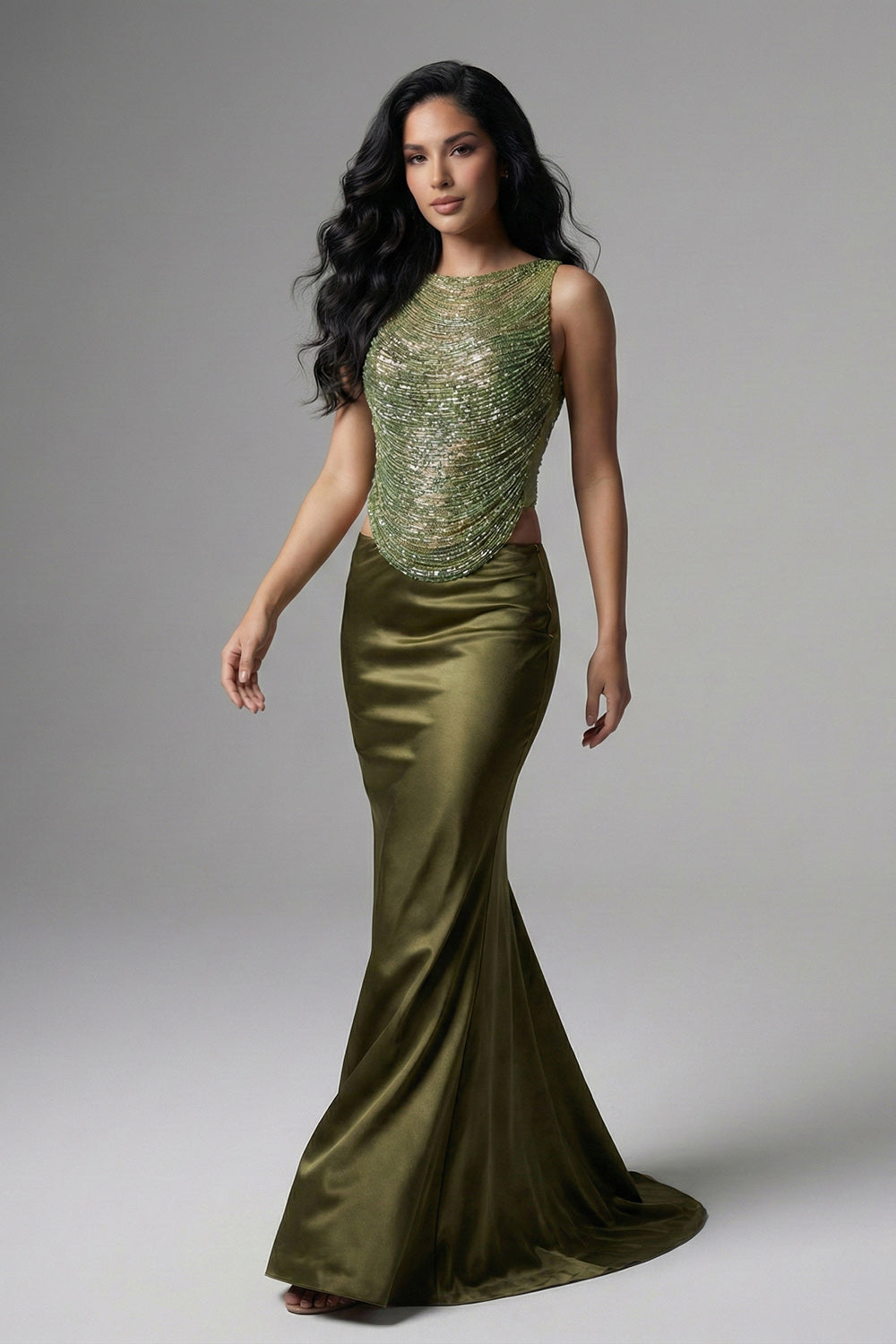 Emerald Allure Structured Fringe Satin Gown