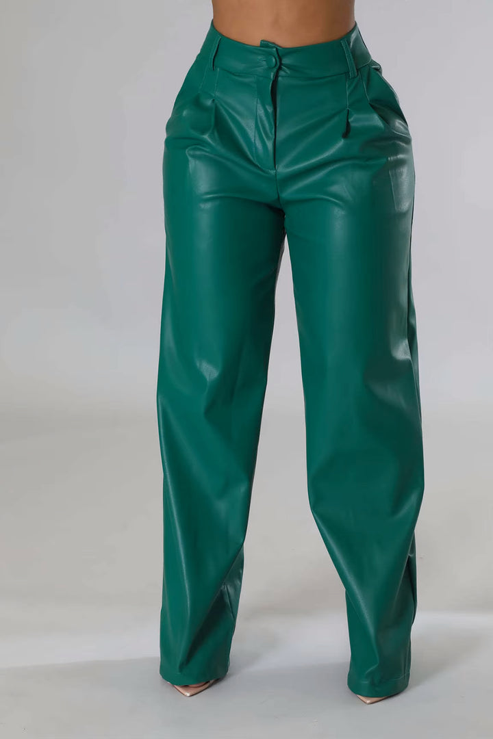 Luxe Relaxed Fit Green Vegan Leather Trousers
