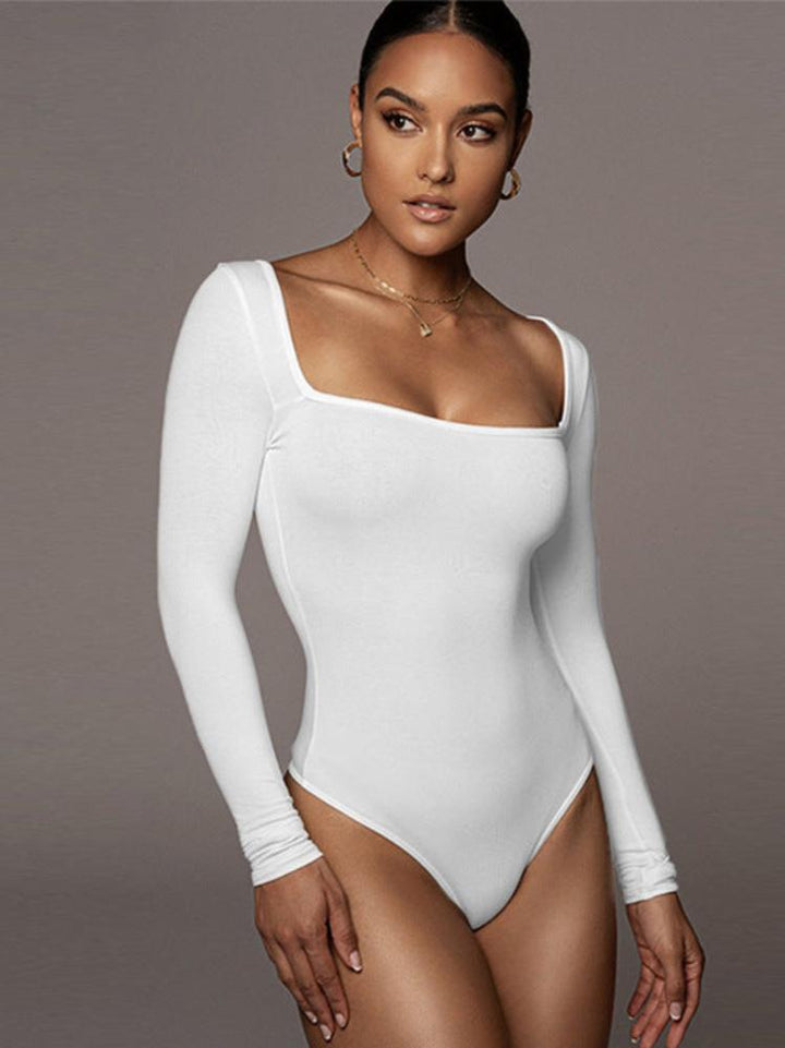 Elle White Square-Neck Long Sleeve Bodysuit