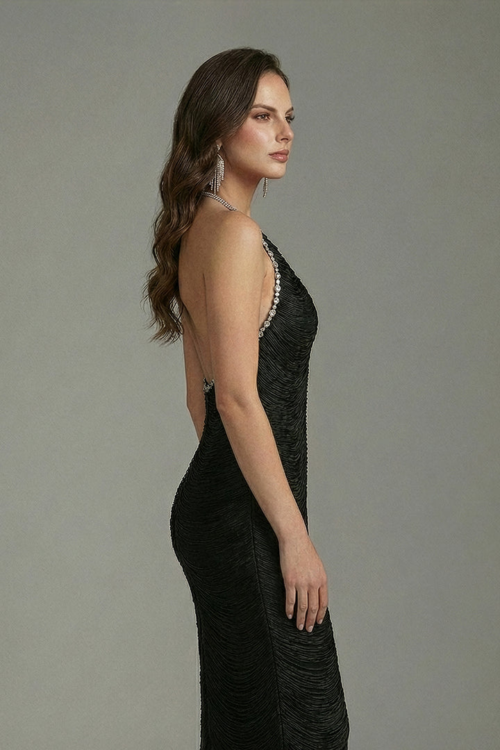 Midnight Siren Crystal Trim Fringe Halter Midi Dress