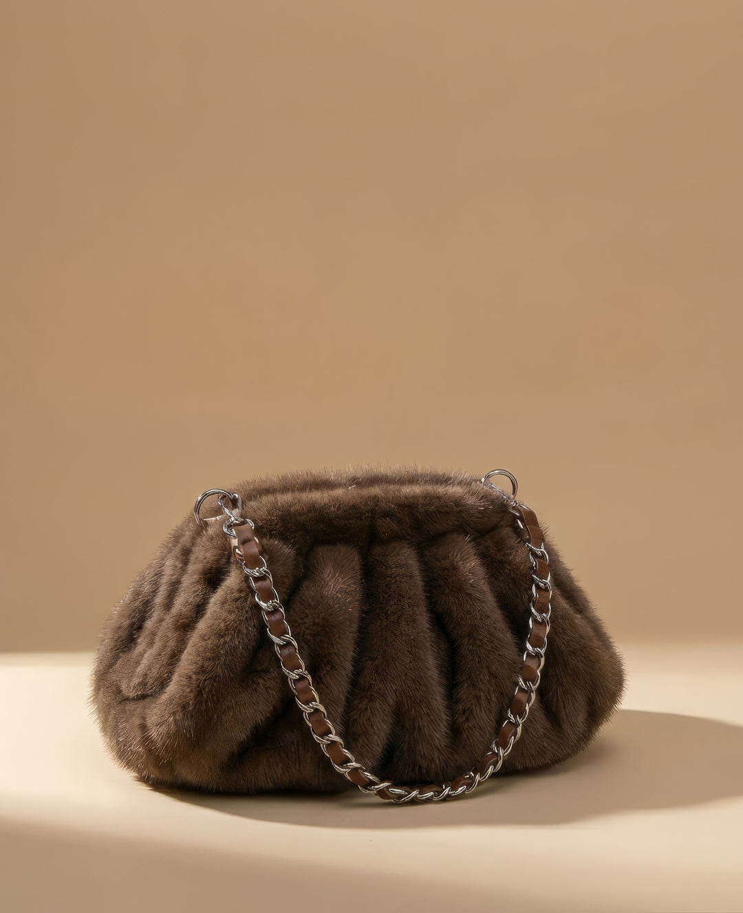 Plush Pleat Brown Faux Fur Shoulder Bag