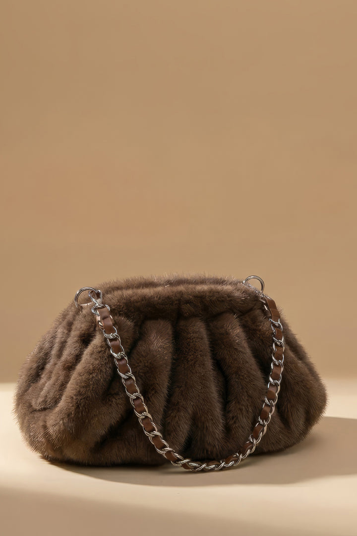 Plush Pleat Brown Faux Fur Shoulder Bag