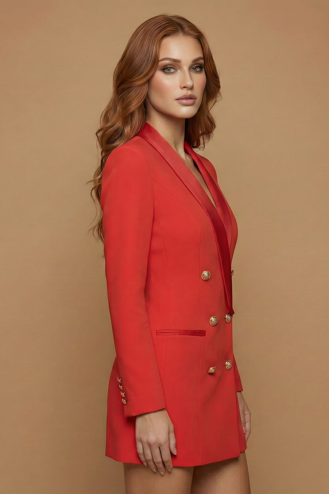 Iris Ruby Red Satin-Lapel Tuxedo Mini Dress