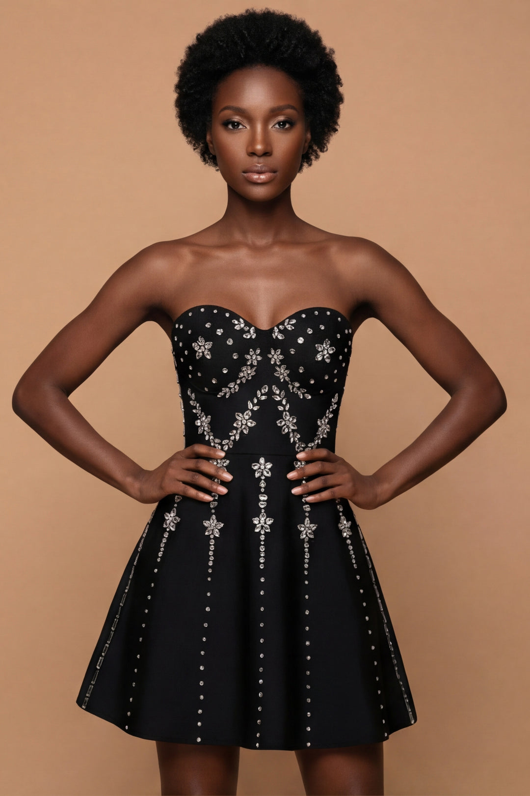 The Rianna | Black Crystal-Embellished Strapless Mini Dress
