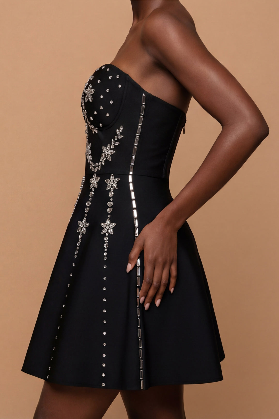The Rianna | Black Crystal-Embellished Strapless Mini Dress