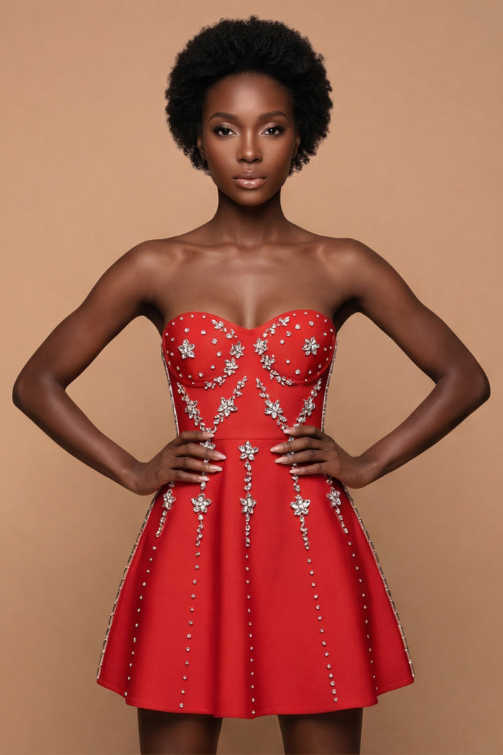 The Rianna | Red Crystal-Embellished Strapless Mini Dress