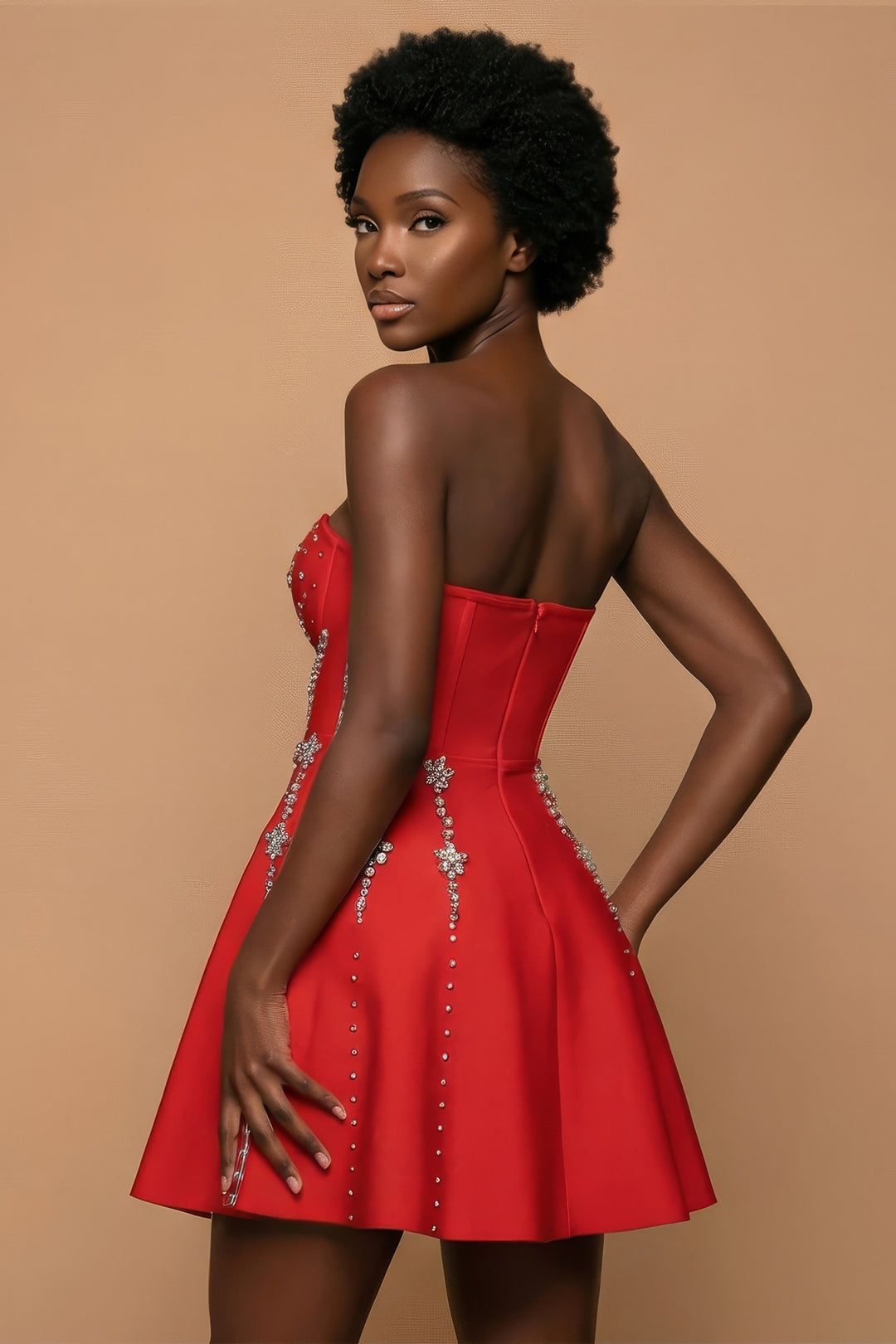 The Rianna | Red Crystal-Embellished Strapless Mini Dress