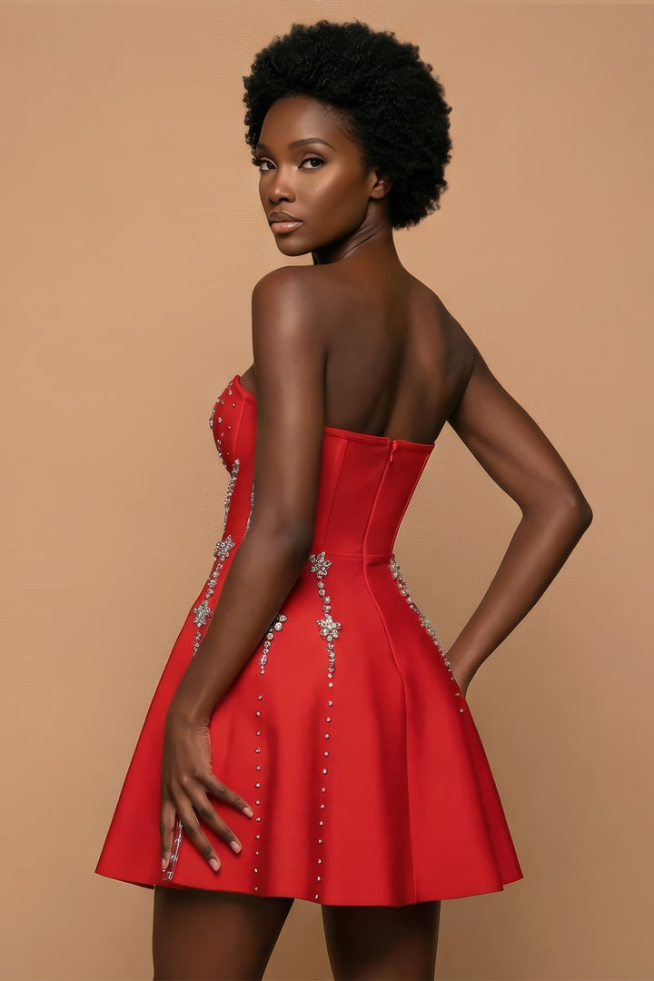 The Rianna | Red Crystal-Embellished Strapless Mini Dress