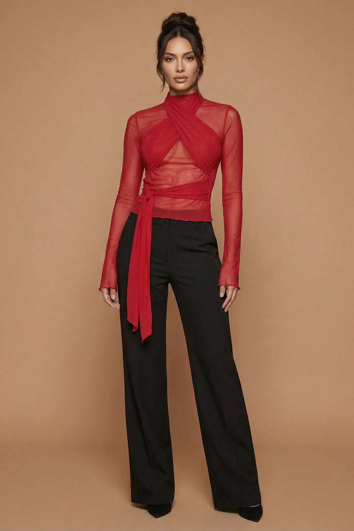 Thalia - Scarlet Mesh Cross-Wrap Top