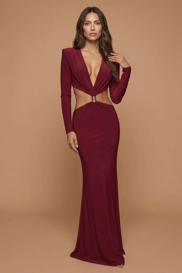 Gaia – Burgundy Goddess Cutout Maxi Dress