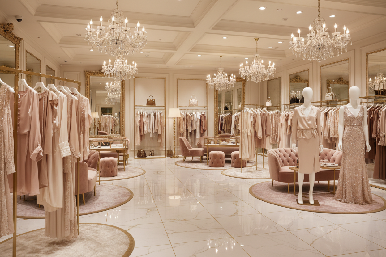 the interior of a glamorous luxury women's clothing boutique no people are seen in view