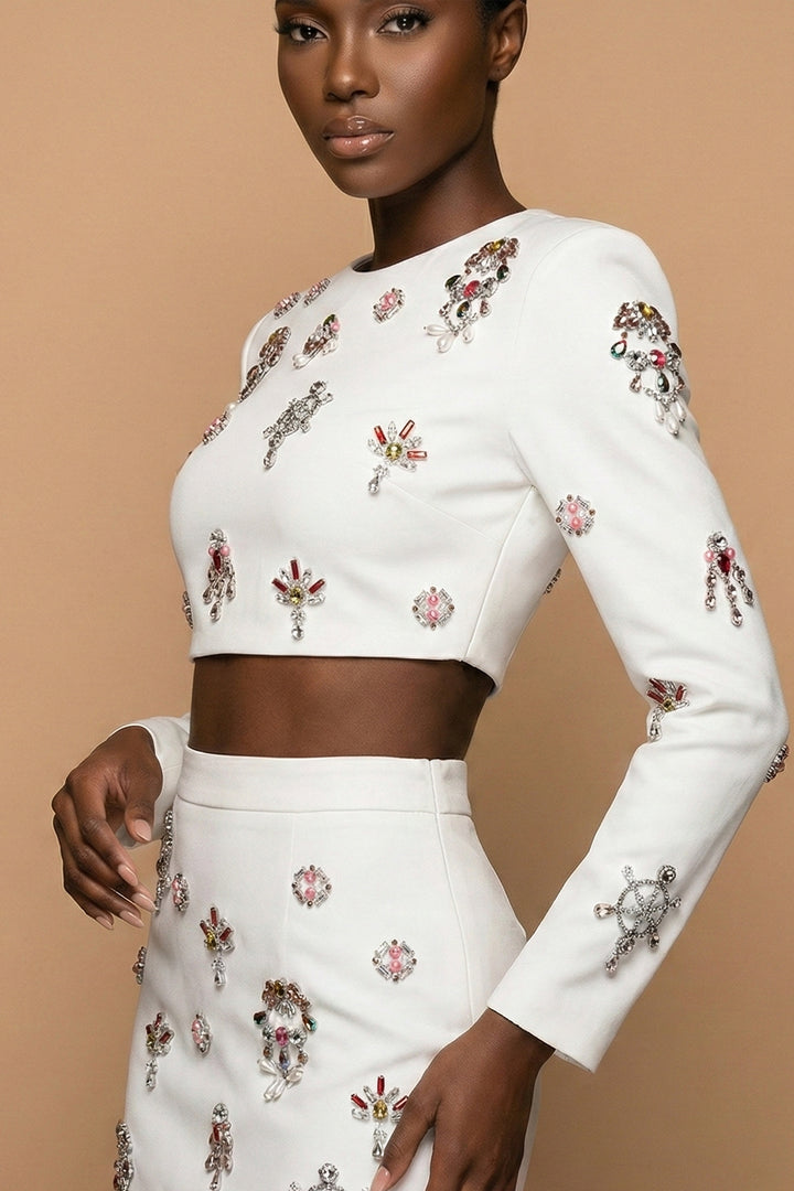 White Jewel Embellished Cropped Top & Mini Skirt Set