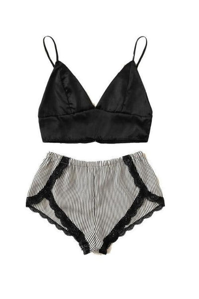 Gail Black and White Lace Trim Striped Lingerie Set - Maximum Beauties