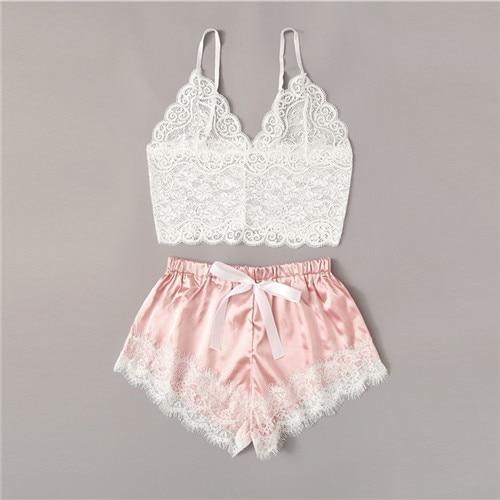 Felicity Floral Lace Cami Top With Satin Shorts Lingerie Set - Maximum Beauties
