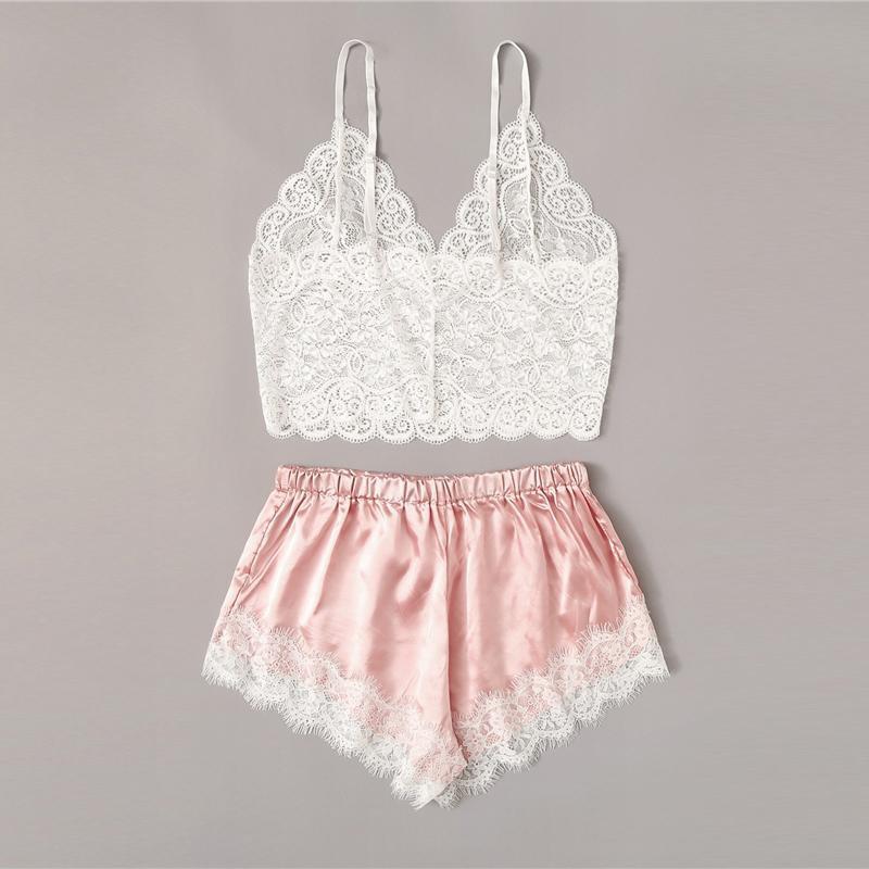 Felicity Floral Lace Cami Top With Satin Shorts Lingerie Set - Maximum Beauties
