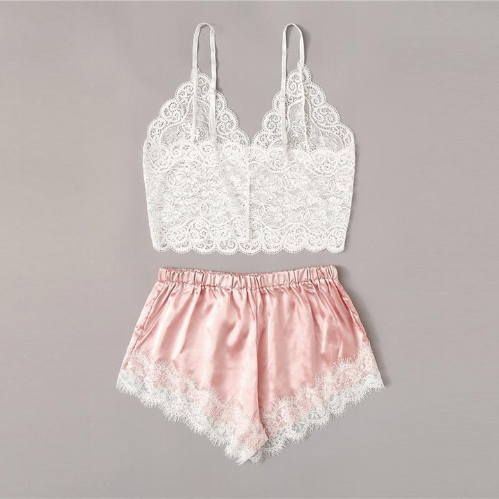 Felicity Floral Lace Cami Top With Satin Shorts Lingerie Set - Maximum Beauties