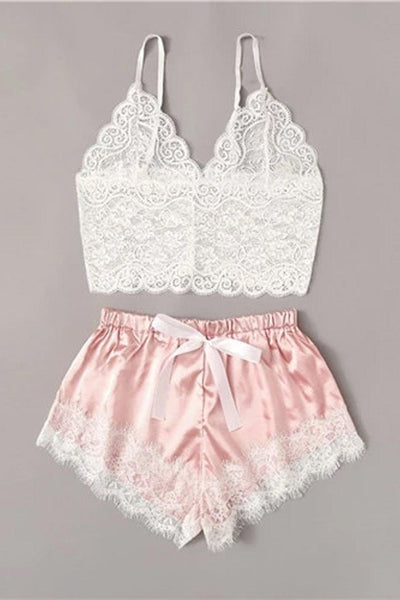 Felicity Floral Lace Cami Top With Satin Shorts Lingerie Set - Maximum Beauties