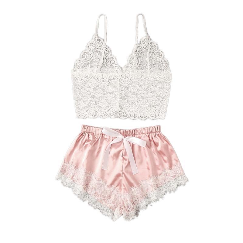 Felicity Floral Lace Cami Top With Satin Shorts Lingerie Set - Maximum Beauties