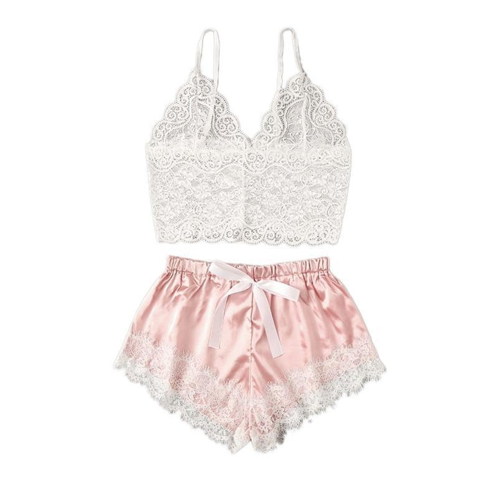 Felicity Floral Lace Cami Top With Satin Shorts Lingerie Set - Maximum Beauties