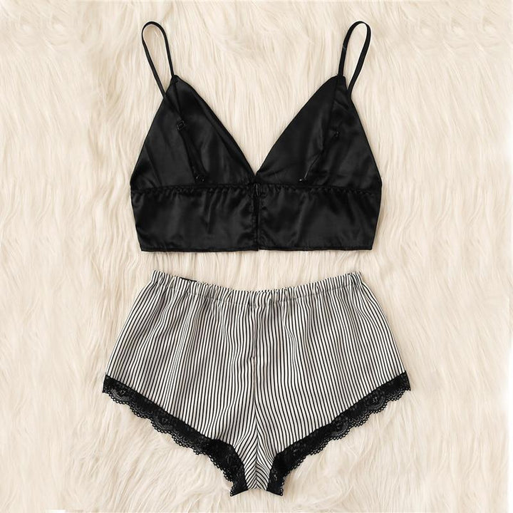Gail Black and White Lace Trim Striped Lingerie Set - Maximum Beauties