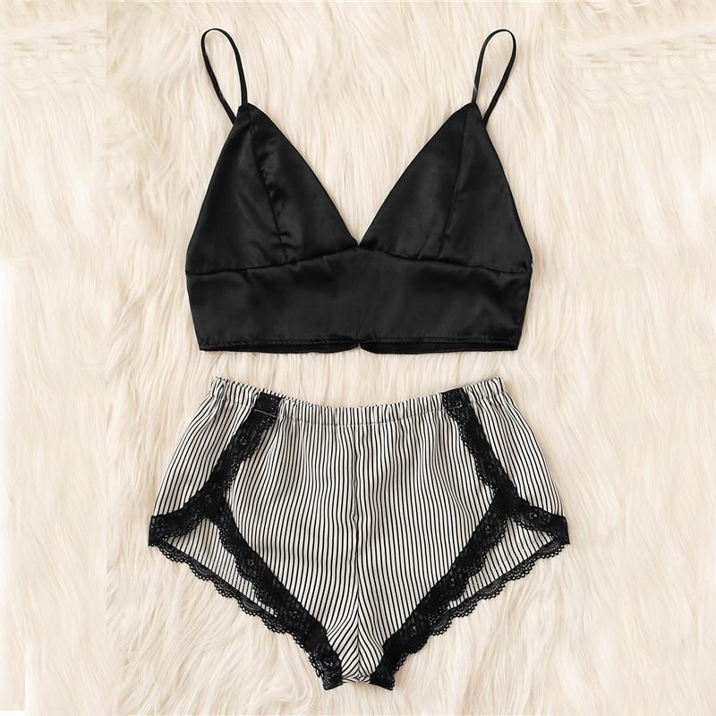 Gail Black and White Lace Trim Striped Lingerie Set - Maximum Beauties