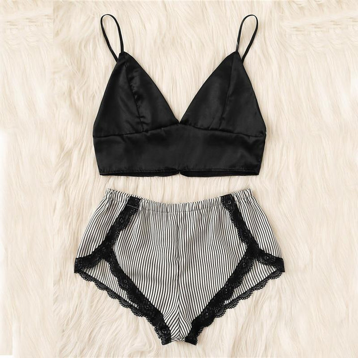 Gail Black and White Lace Trim Striped Lingerie Set - Maximum Beauties