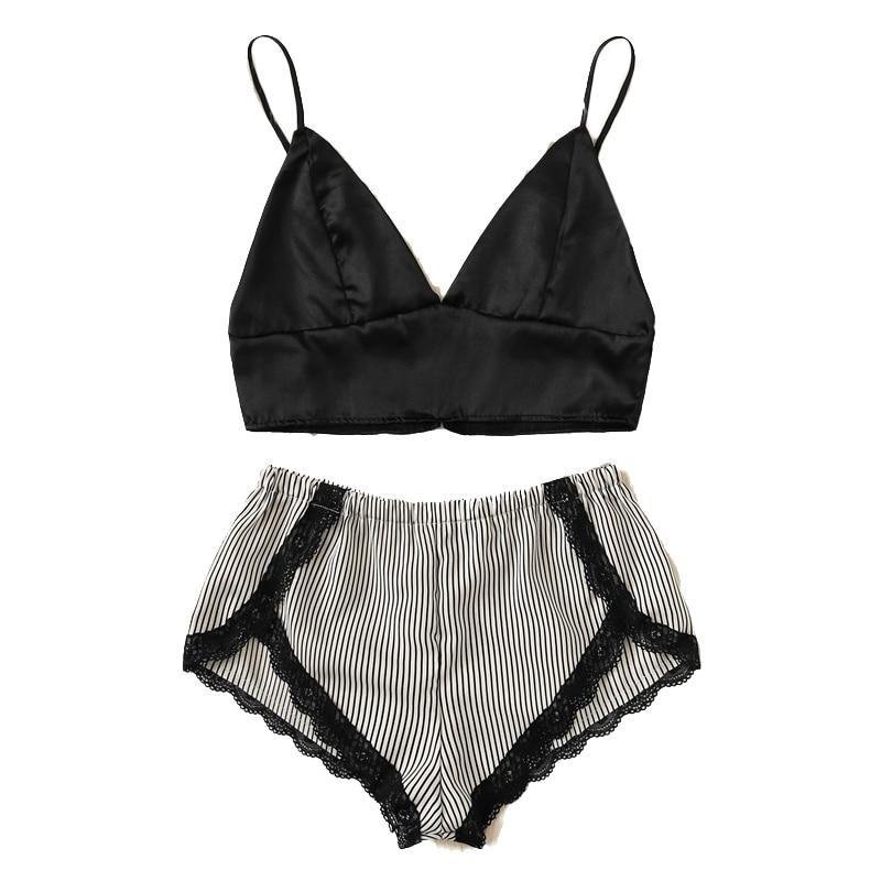 Gail Black and White Lace Trim Striped Lingerie Set - Maximum Beauties