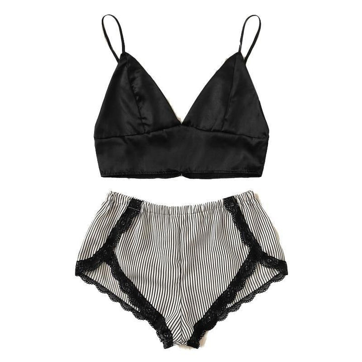 Gail Black and White Lace Trim Striped Lingerie Set - Maximum Beauties